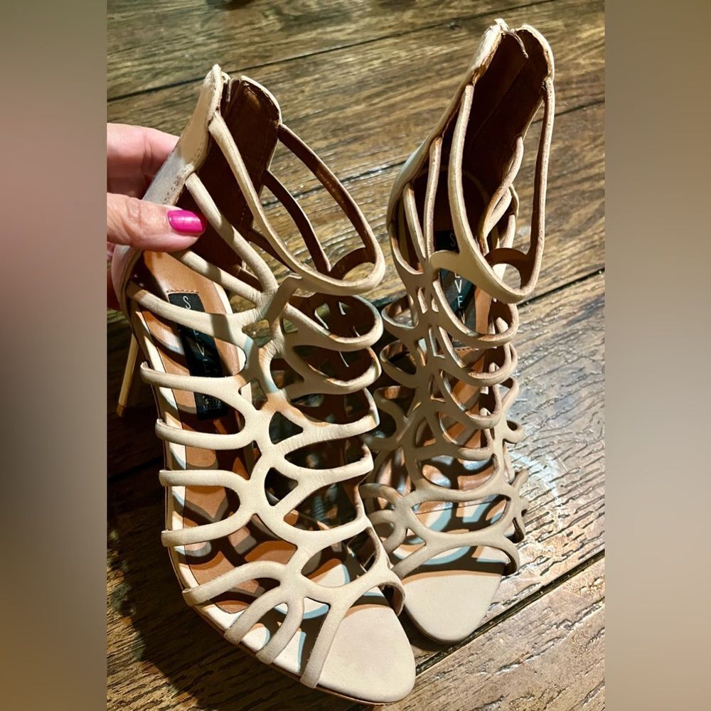 Steve X Steve Madden Tana Suede Leather Upper Caged Shoes Size 6.5 3.5” Heel